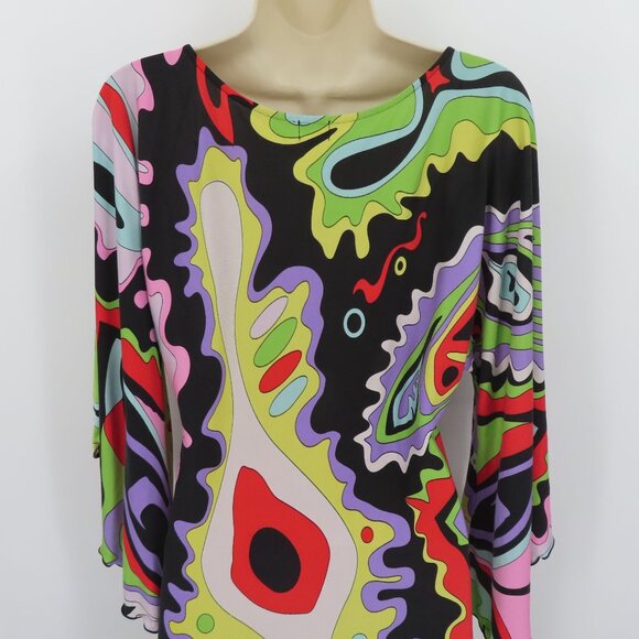 Cache Women Medium Groovy Disco Swirl Multicolor Retro Scoop Neck All Silk Dress - Picture 6 of 11